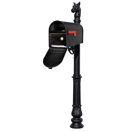 Qualarc Post w/E1 Economy mailbox, ornate base, horsehead finial LPST-E1-LKIT-701-BLK